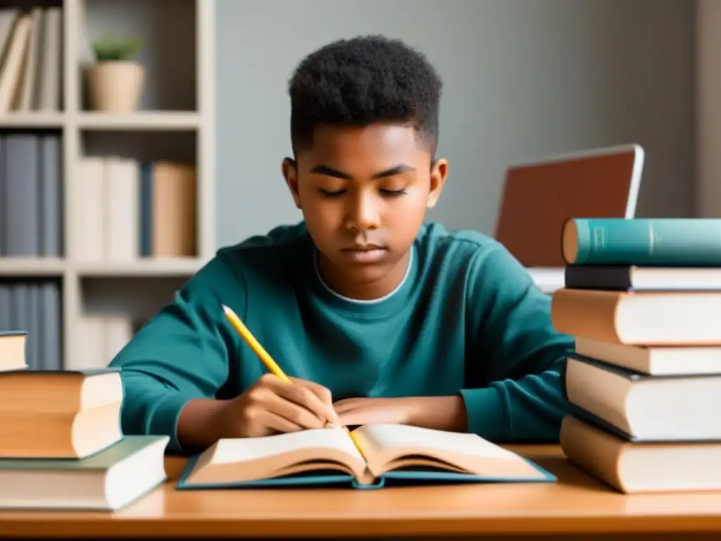 Joven estudiante concentrado en su escritorio Estudiante concentrado en estrategias de éxito, rodeado de libros y orden en su escritorio