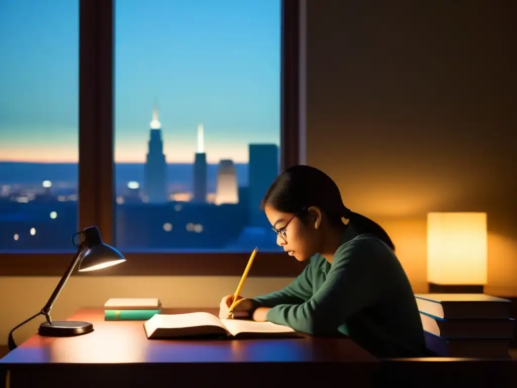 Estudiante concentrado junto a libros y lámpara, con vista urbana al fondo