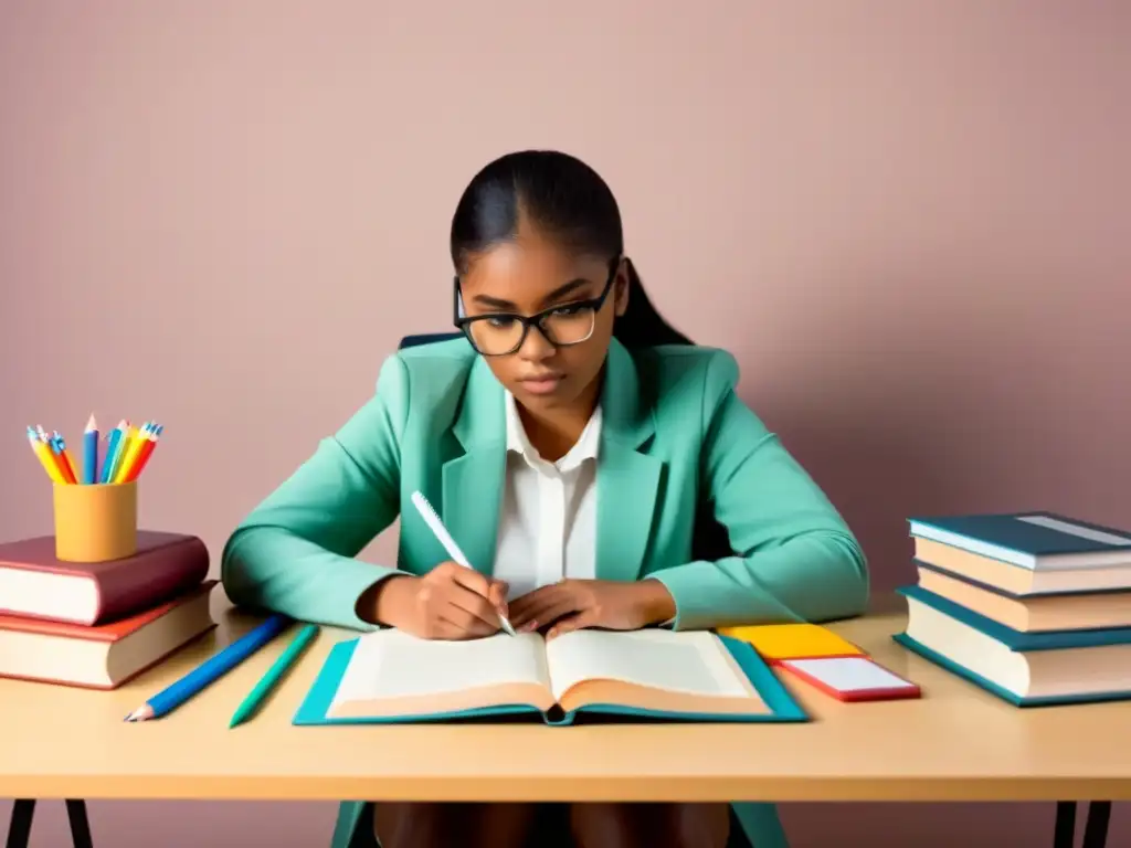 Estudiante concentrado con libros, computadora y regla, preparándose para evaluaciones estándar en Uruguay