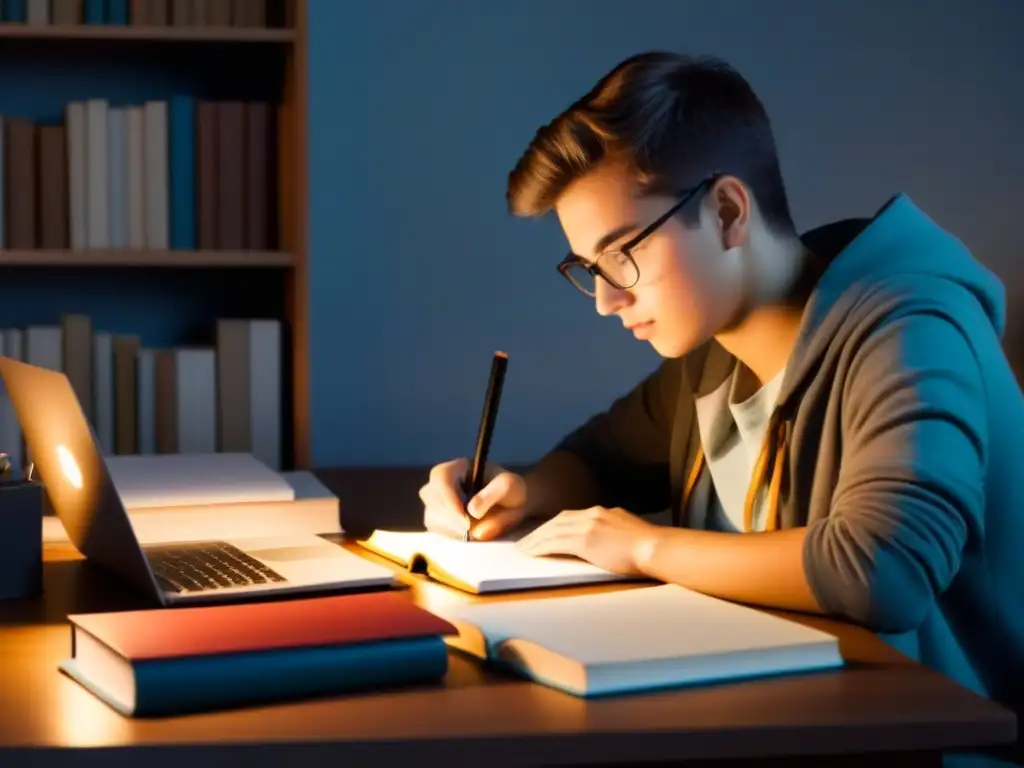 Estudiante concentrado tomando notas en un escritorio ordenado, rodeado de libros y una laptop, en una atmósfera serena