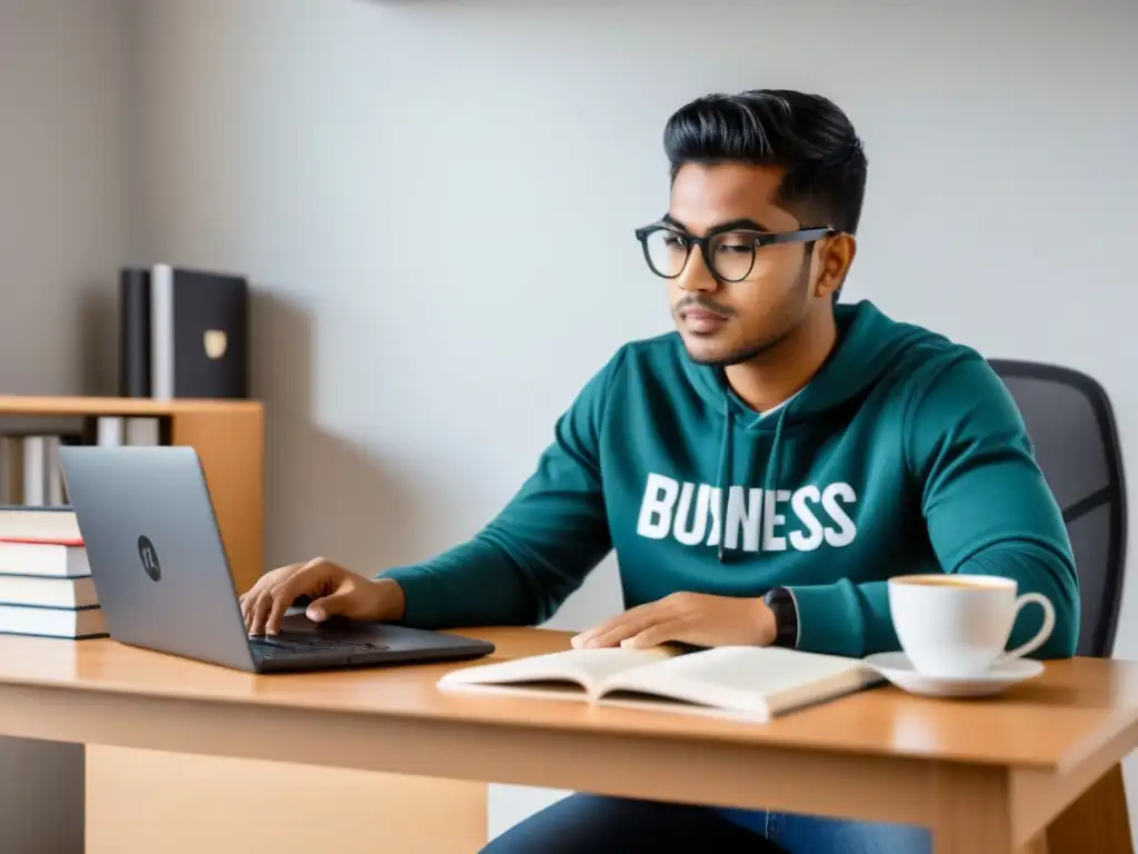 Estudiante concentrado preparándose para MBA posgrado en Uruguay con libros, laptop y café en escritorio moderno