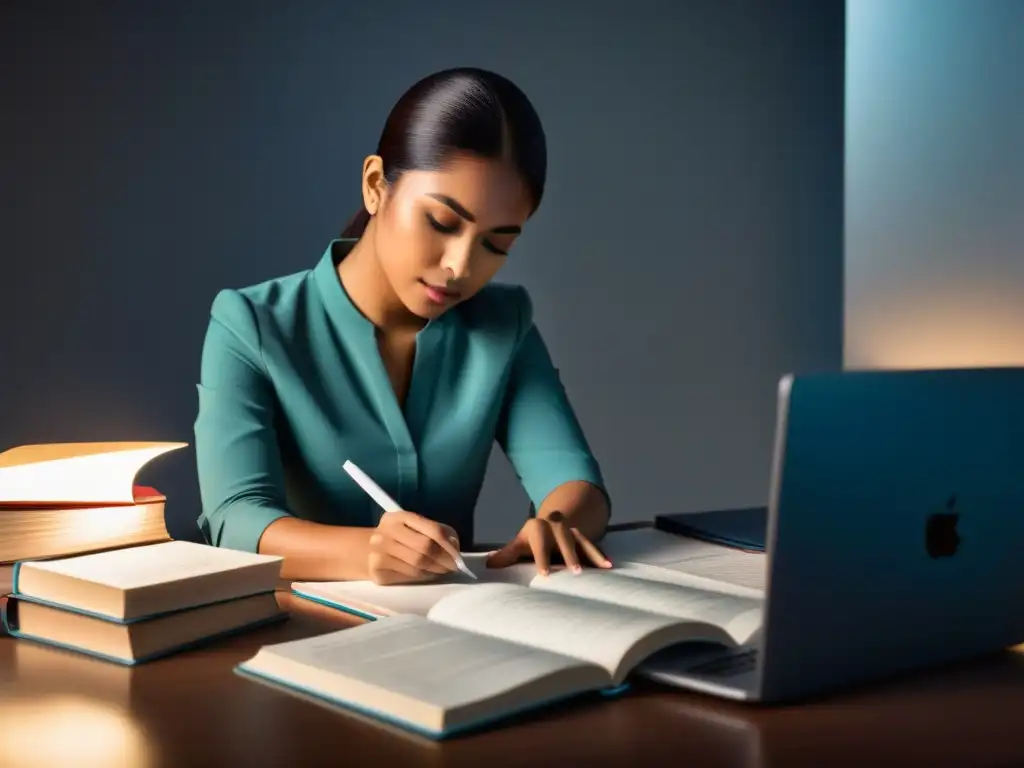 Un estudiante concentrado en la preparación GMAT para MBA en Uruguay, rodeado de libros y notas en un entorno de estudio sereno