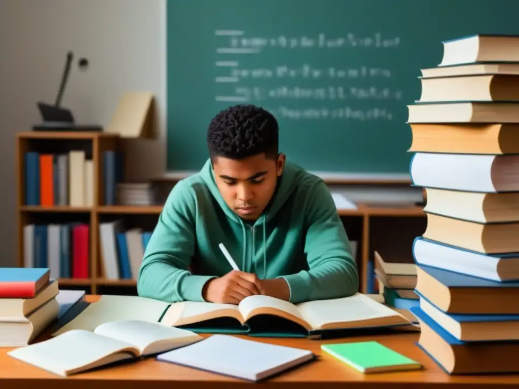 Estudiante concentrado rodeado de libros y apuntes, reflejando determinación