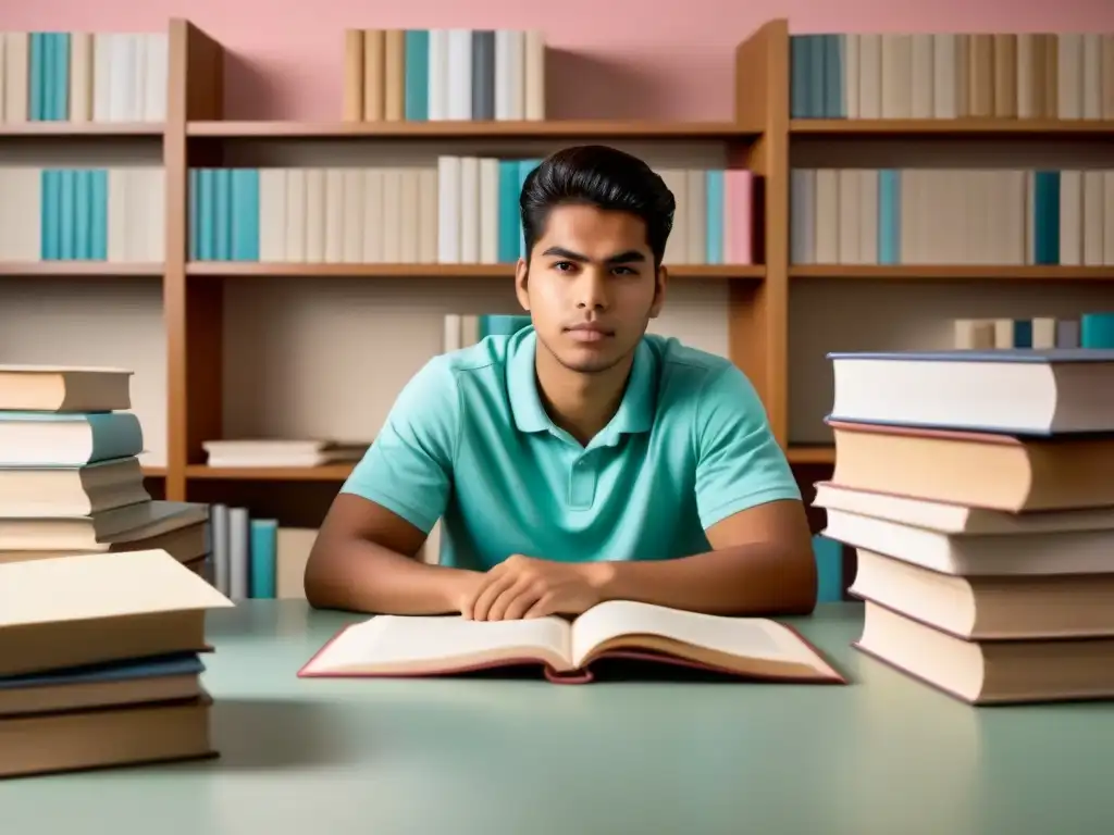 Estudiante concentrado rodeado de libros y papeles, con determinación en su rostro