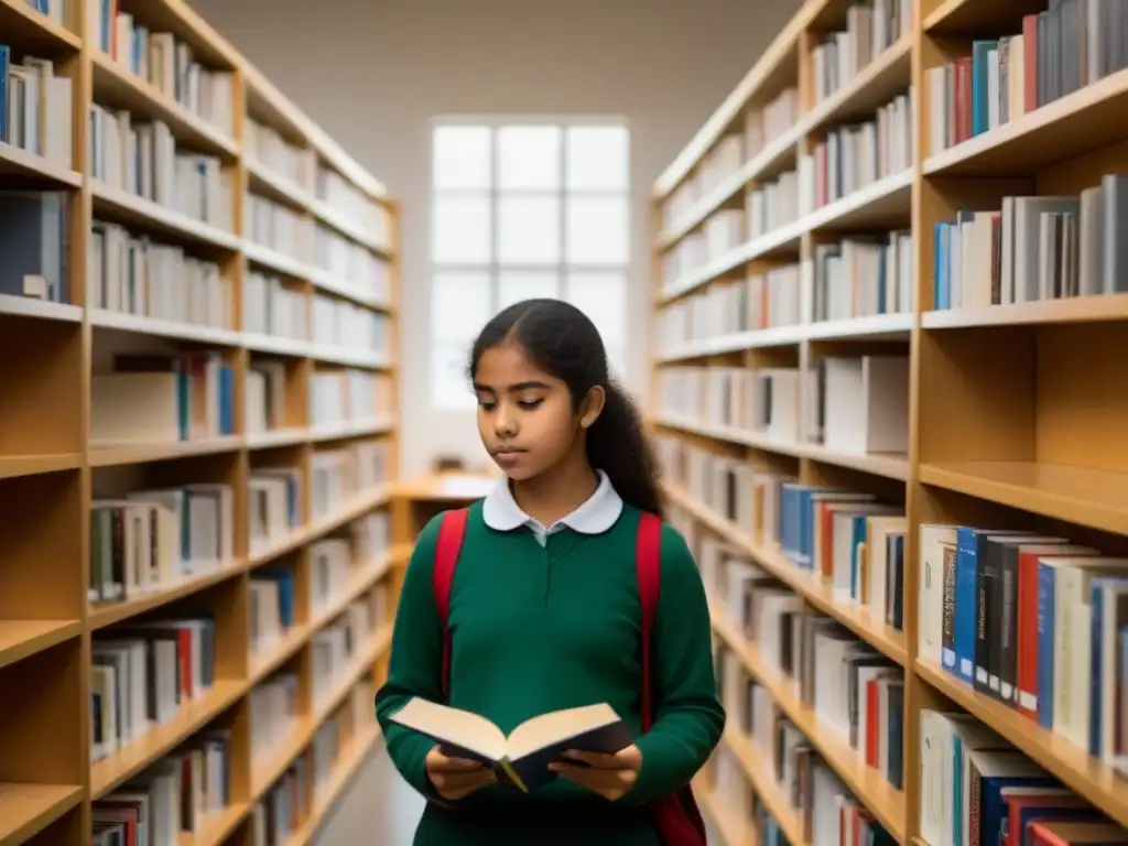 Estudiante concentrado leyendo 'Ariel' de Enrique Rodó, rodeado de libros en un aula