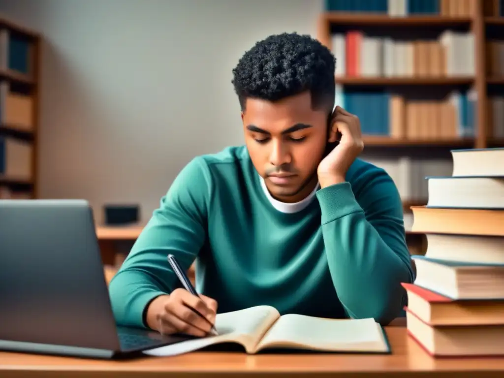 Estudiante concentrado rodeado de libros y tecnología, con expresión serena