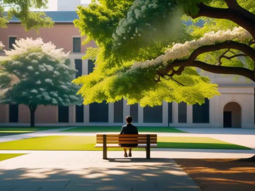 Estudiante concentrado en tranquilo campus universitario, rodeado de naturaleza
