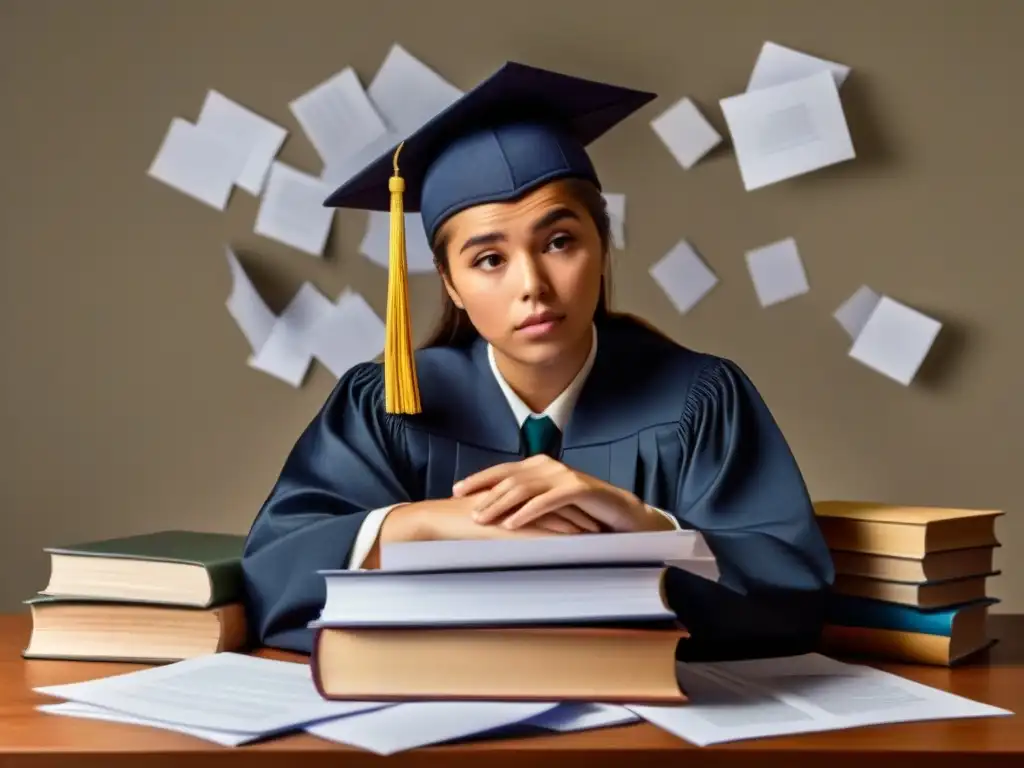 Un estudiante confundido rodeado de papeles y libros, simbolizando la incertidumbre al solicitar becas en Uruguay