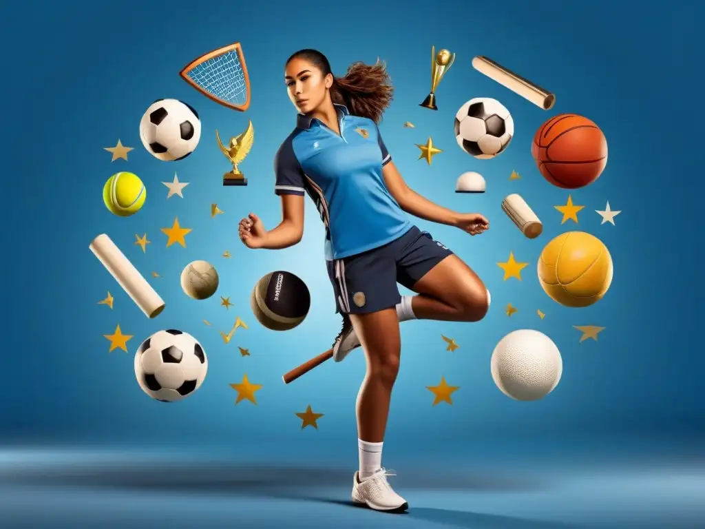 Un estudiante deportista en pose dinámica, con uniforme que fusiona deporte y academia, rodeado de símbolos educativos y deportivos en Uruguay