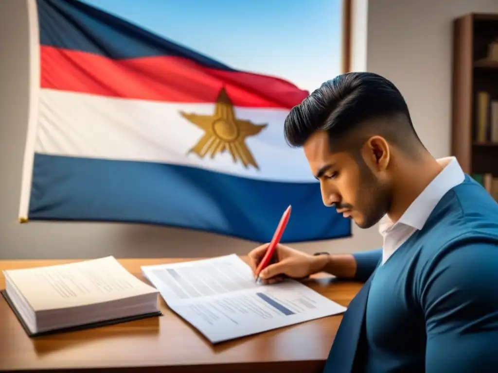 Un estudiante revisando minuciosamente documentos de solicitud de becas en Uruguay, rodeado de los colores de la bandera uruguaya