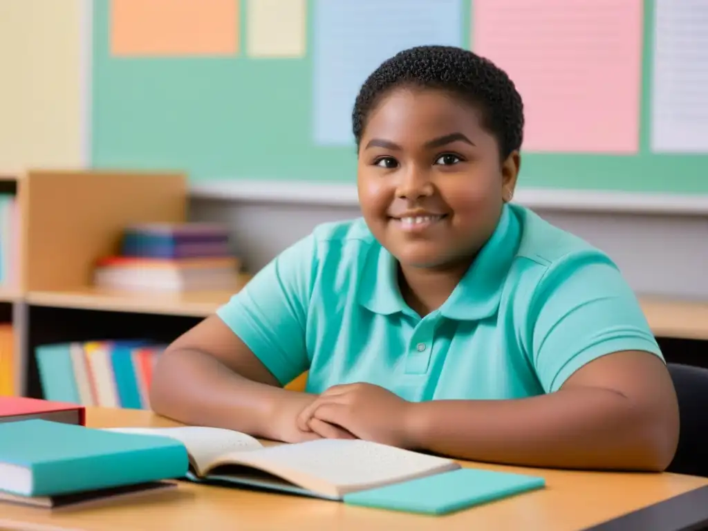 Un estudiante empoderado en un entorno educativo inclusivo, rodeado de materiales inclusivos, reflejando determinación y empoderamiento