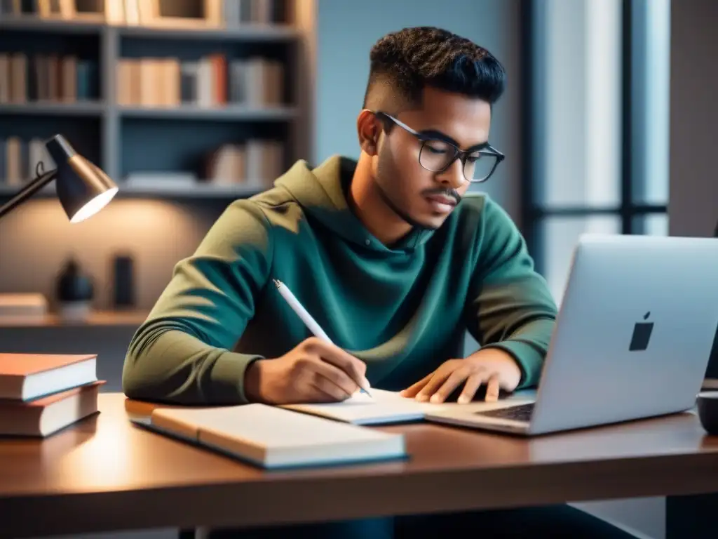 Estudiante enfocado estudia con determinación y equilibrio, rodeado de libros, laptop y café