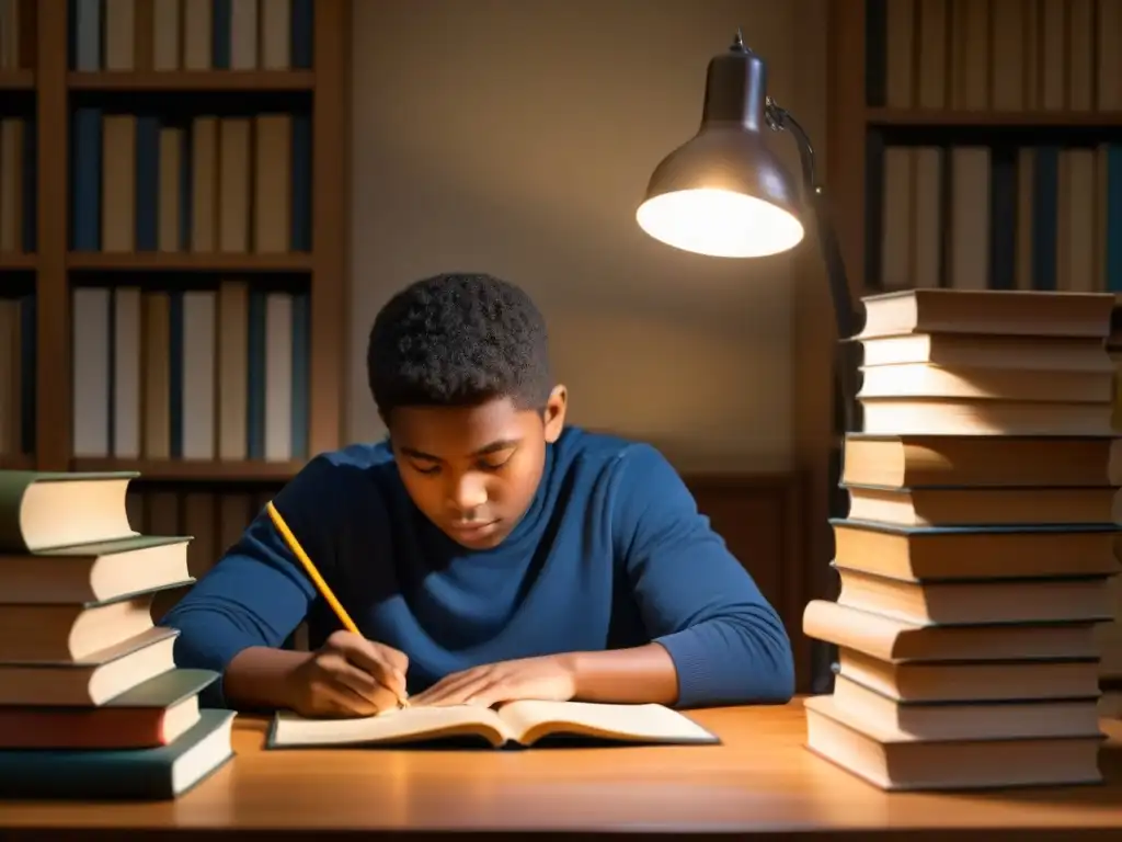 Estudiante enfocado en estudiar en un escritorio iluminado por una lámpara, rodeado de libros, papeles y un mapa mundial