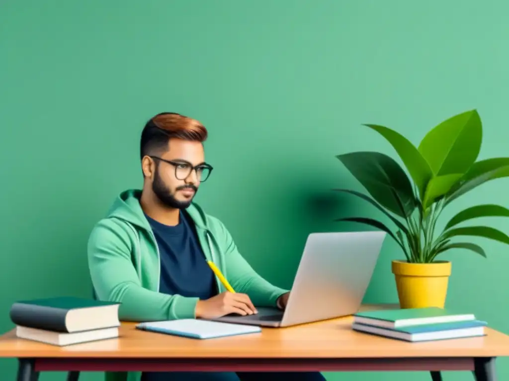 Estudiante enfocado en su escritorio con libros y laptop, simbolizando aprendizaje autónomo con elearning en Uruguay