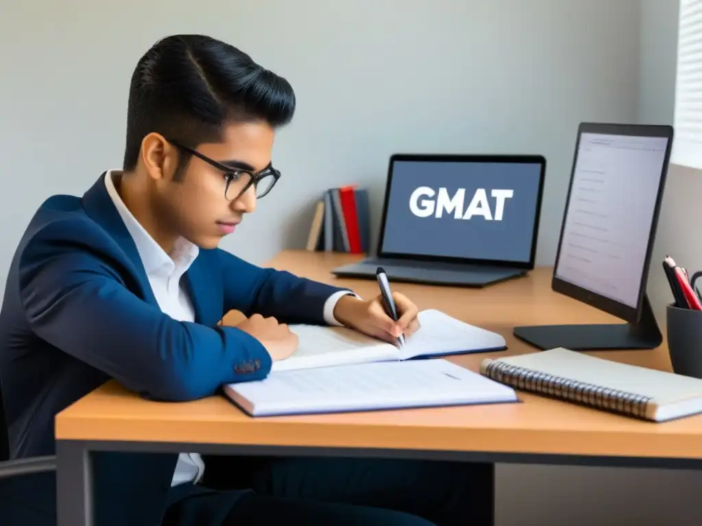 Estudiante enfocado preparando GMAT para MBA Uruguay en un espacio de estudio sereno y organizado