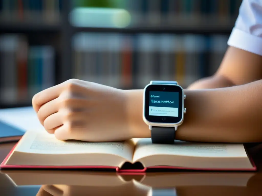 Un estudiante enfocado se refleja en un reloj inteligente plateado sobre libros, simbolizando la integración de tecnología wearable en educación en Uruguay