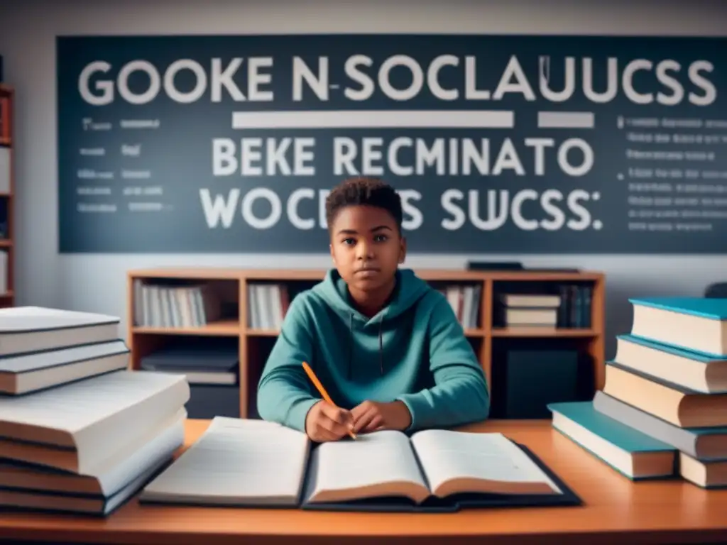 Estudiante enfocado rodeado de libros y tecnología Estudiante enfocado rodeado de libros y laptops, en un espacio limpio con citas motivacionales en la pared