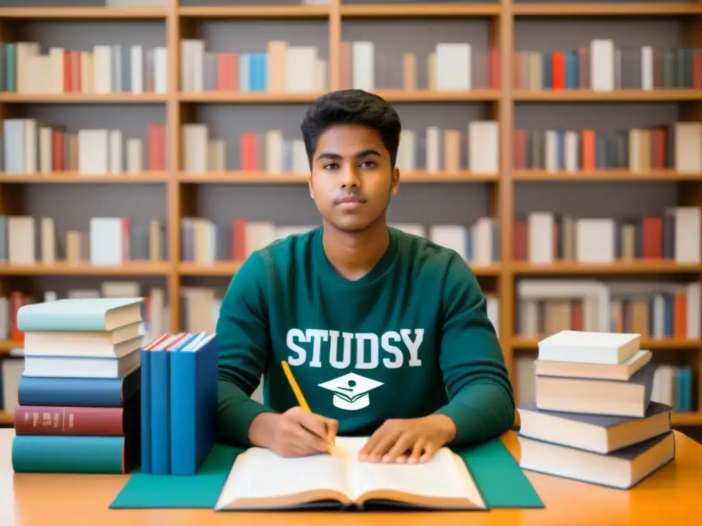 Estudiante enfocado rodeado de libros, listo para la universidad