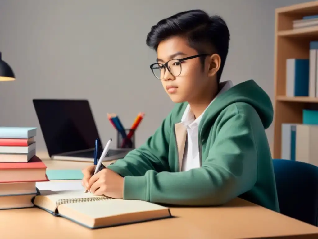 Estudiante enfocado, preparándose para la universidad sin endeudarse, rodeado de libros y material escolar en un escritorio ordenado