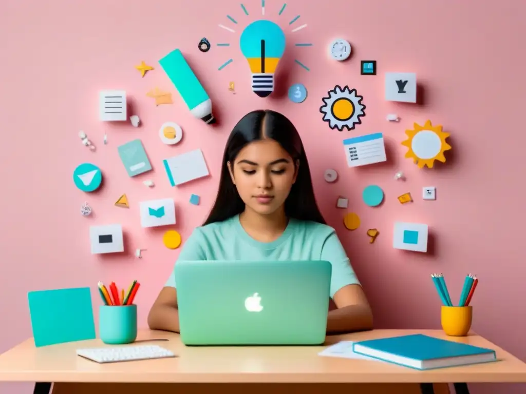 Estudiante en Uruguay organizando eportfolios educativos con iconos de materias