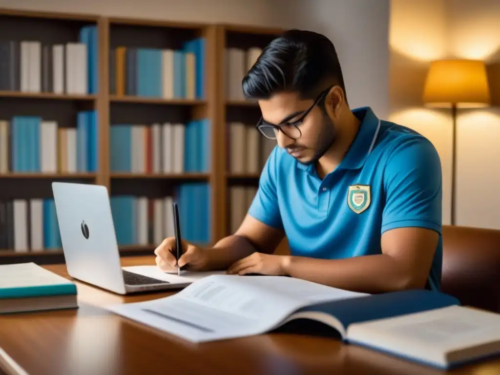 Estudiante revisando formulario de beca en Uruguay, rodeado de libros y laptop, evitando errores al solicitar becas en Uruguay