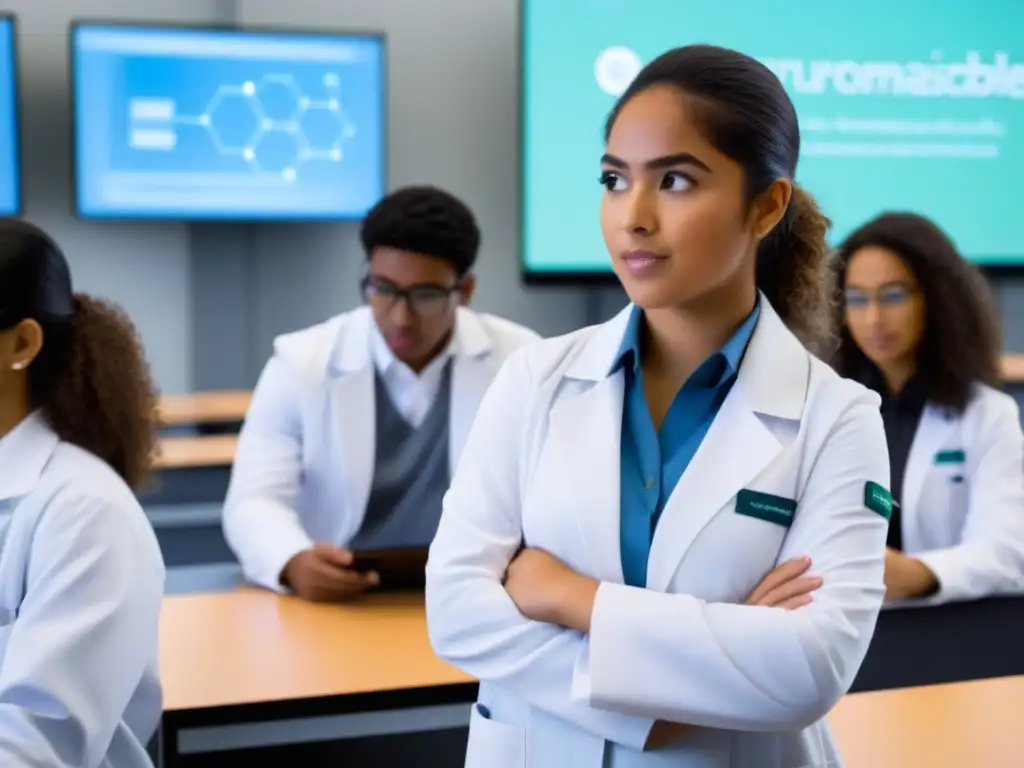 Una estudiante hispana explica ciencia en un aula moderna con tecnología avanzada, enfocando en educación sostenible en Uruguay