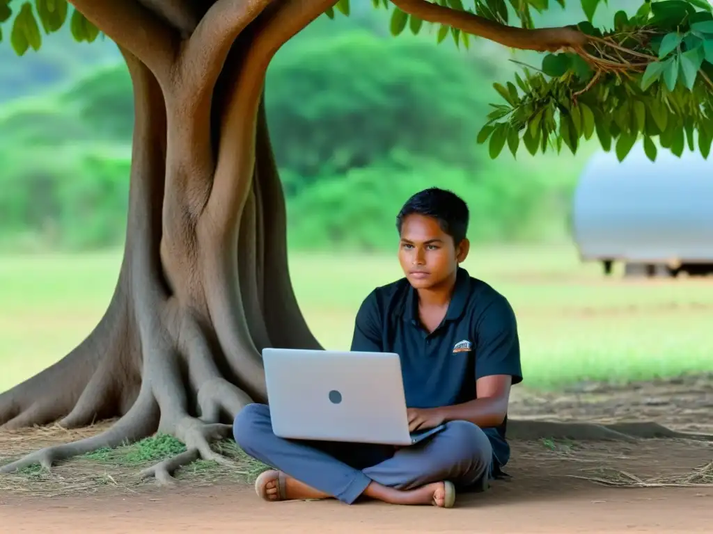 Estudiante indígena concentrado en educación a distancia bajo un árbol en entorno rural