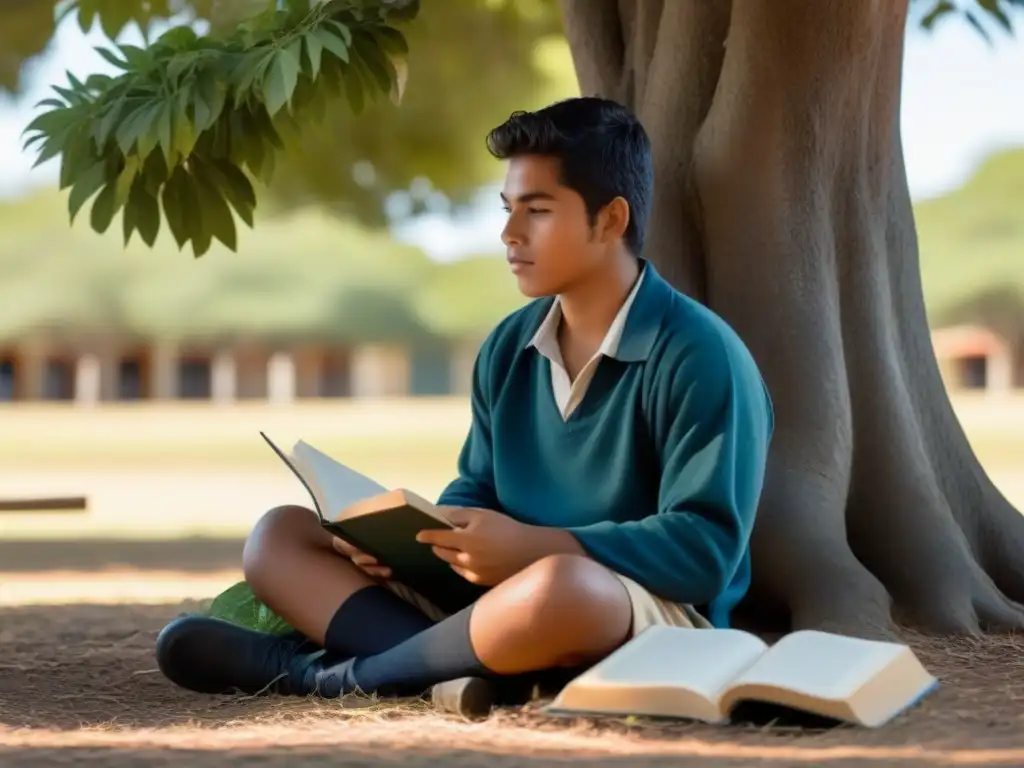 Estudiante indígena uruguayo estudia bajo un árbol, rodeado de libros y materiales de estudio, transmitiendo serenidad y conexión con la naturaleza