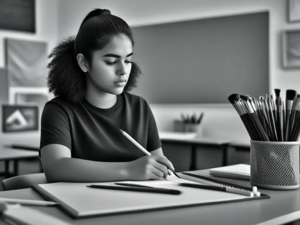 Estudiante inmerso en la creatividad de la educación artística en Uruguay, rodeado de utensilios de arte