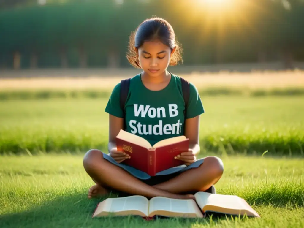 Estudiante inmerso en la lectura de libros en campo, fomentando inmersión lingüística bilingüismo efectivo Uruguay