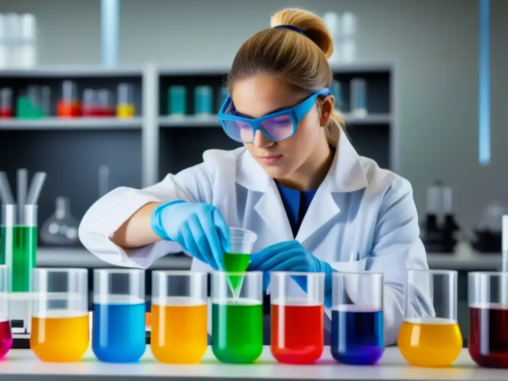 Estudiante en laboratorio de ciencias, realizando experimento con líquidos coloridos