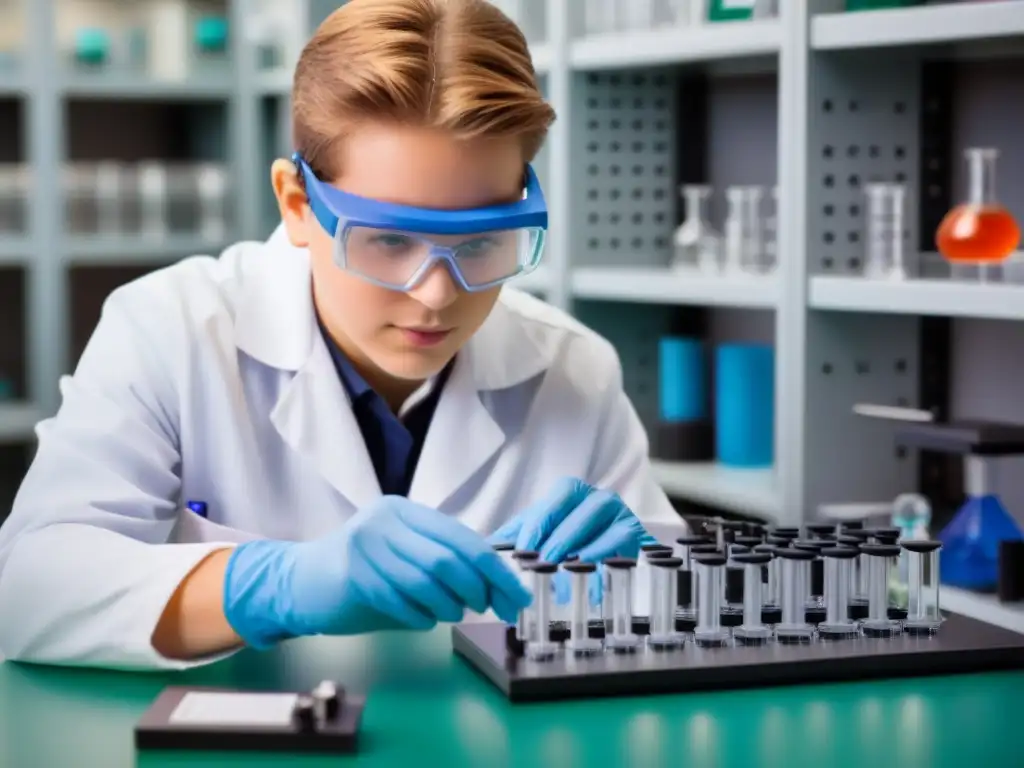 Estudiante en laboratorio escolar manipulando modelo de nanotecnología con precisión, en ambiente educativo moderno