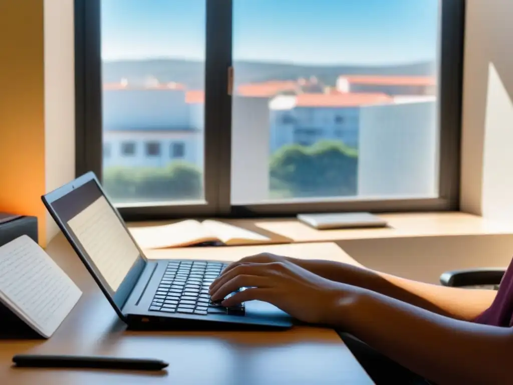 Estudiante en Uruguay estudia con laptop y libros, con skyline de Montevideo al fondo