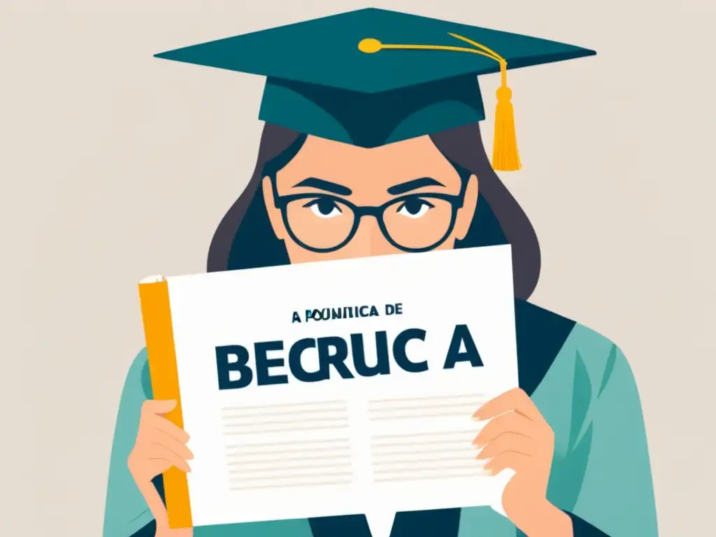 Estudiante investigando la Política de becas en Uruguay entre libros académicos y birrete de graduación