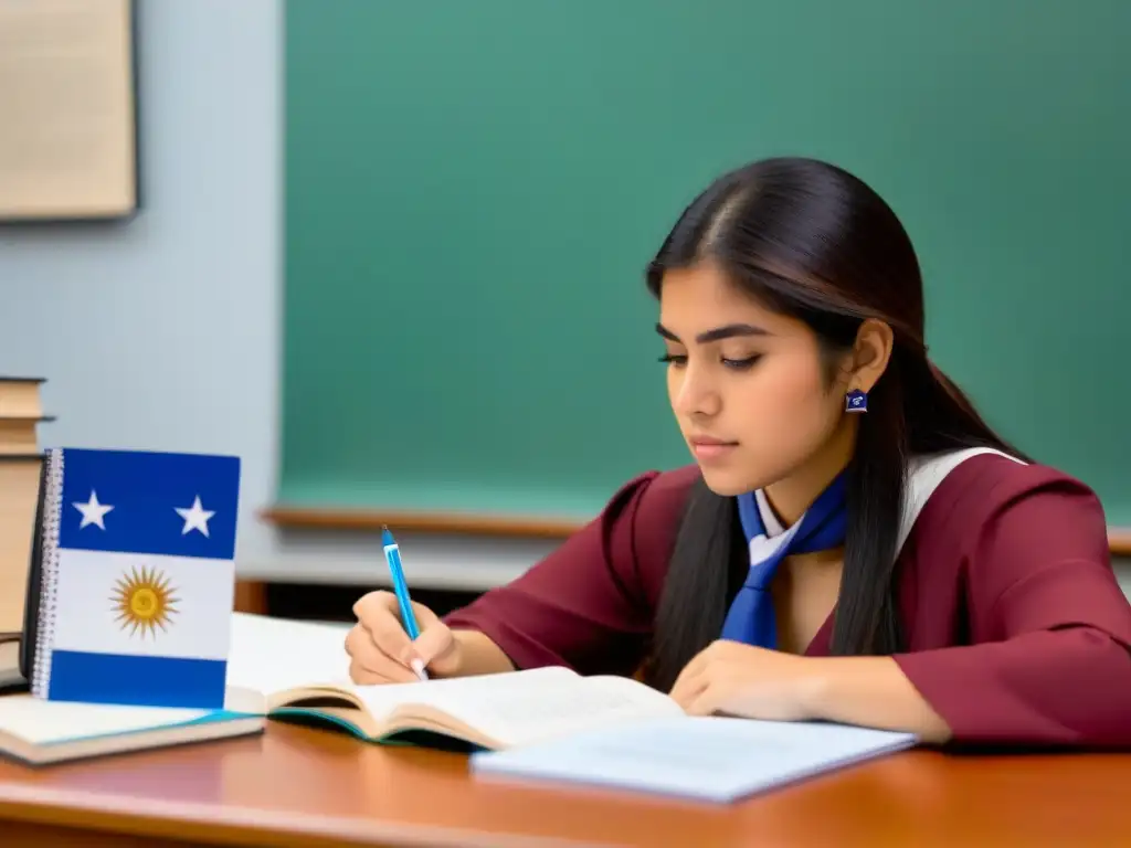 Estudiante de posgrado concentrado en Uruguay, rodeado de libros y una bandera uruguaya en la solapa, reflejando determinación y enfoque