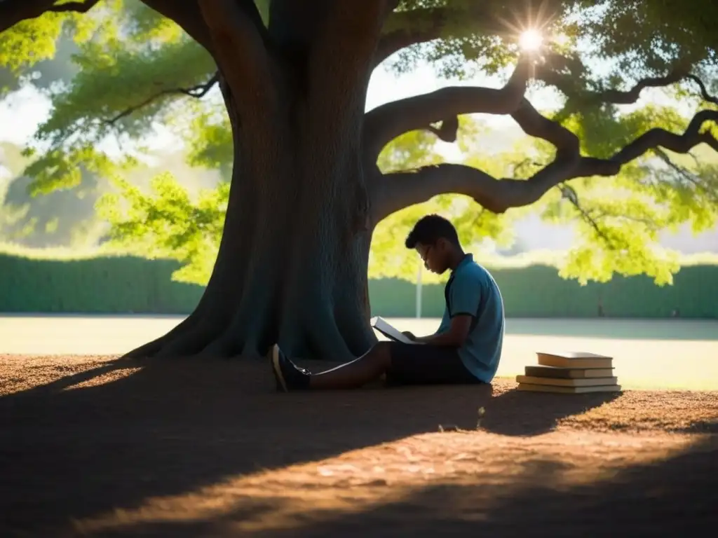 Estudiante reflexivo bajo un árbol, rodeado de libros, fomentando autonomía en estudiantes uruguayos