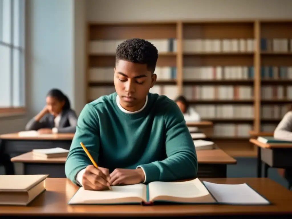 Estudiante reflexivo en aula, rodeado de libros y papeles, enfocado en la metacognición en la evaluación en Uruguay