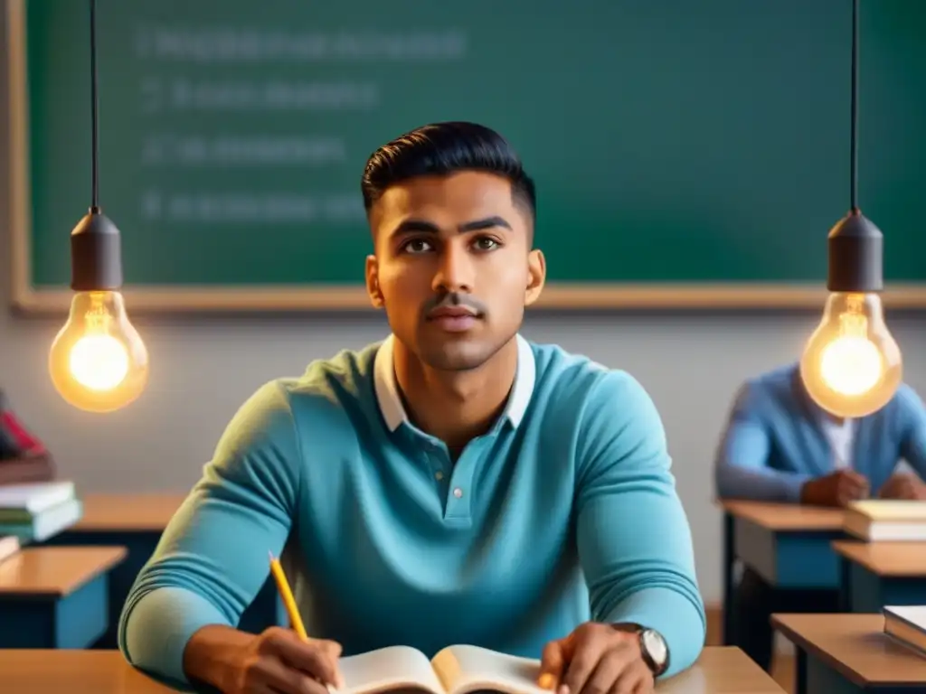 Estudiante en pensamiento profundo rodeado de ideas brillantes Estudiante reflexivo rodeado de bombillas, libros y papeles, representando técnicas de pensamiento crítico creativo en un aula luminosa