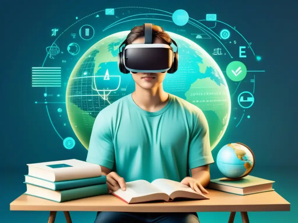 Estudiante en Uruguay usando VR rodeado de elementos educativos digitales en tonos azules y verdes