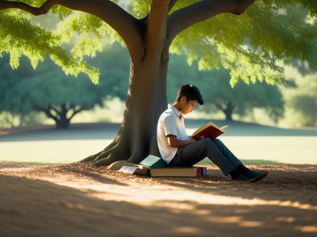Un estudiante solitario estudia bajo un árbol, con libros apilados a su lado