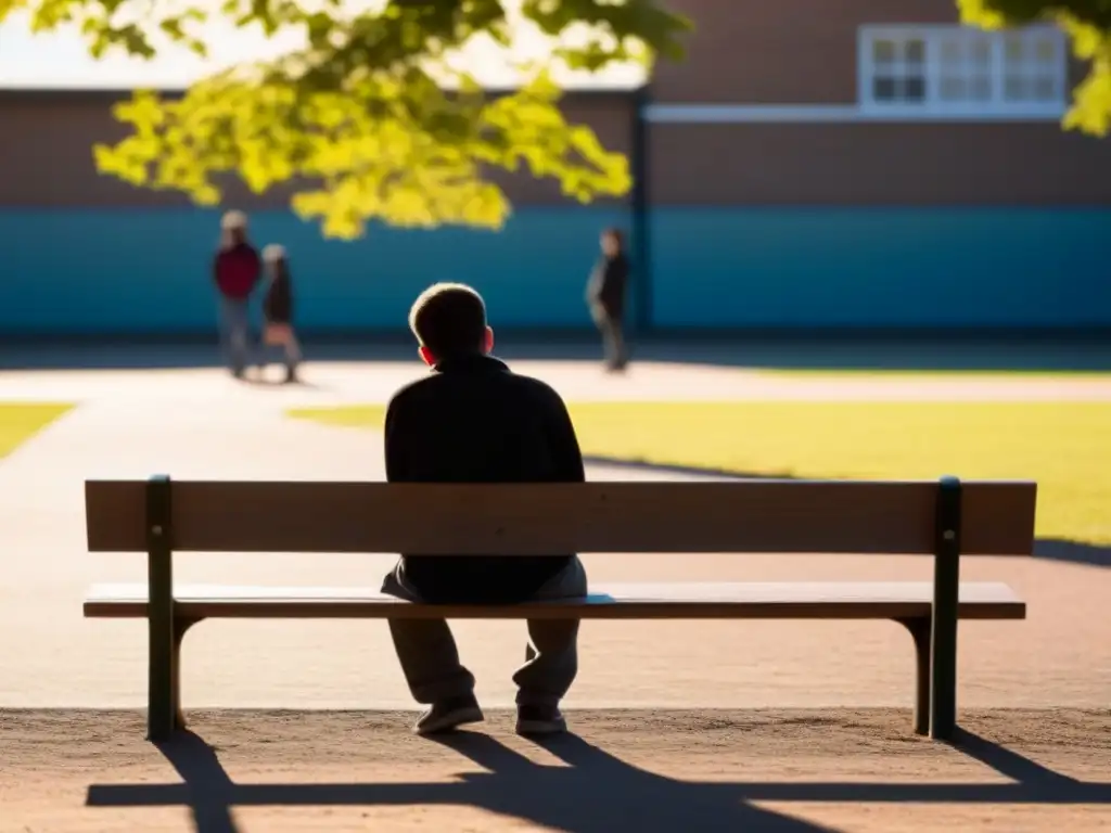 Un estudiante solitario en el patio de una escuela, simbolizando la soledad y exclusión de víctimas de bullying