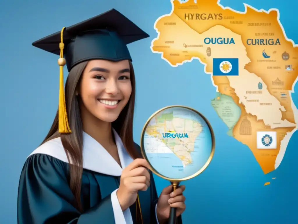 Un estudiante sonriente con toga y birrete, explorando un mapa de Uruguay lleno de íconos de instituciones educativas y oportunidades de becas