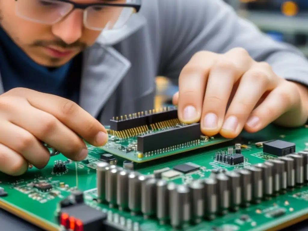 Un estudiante uruguayo ensambla con precisión componentes electrónicos en una placa, destacando la evolución de la educación técnica en Uruguay