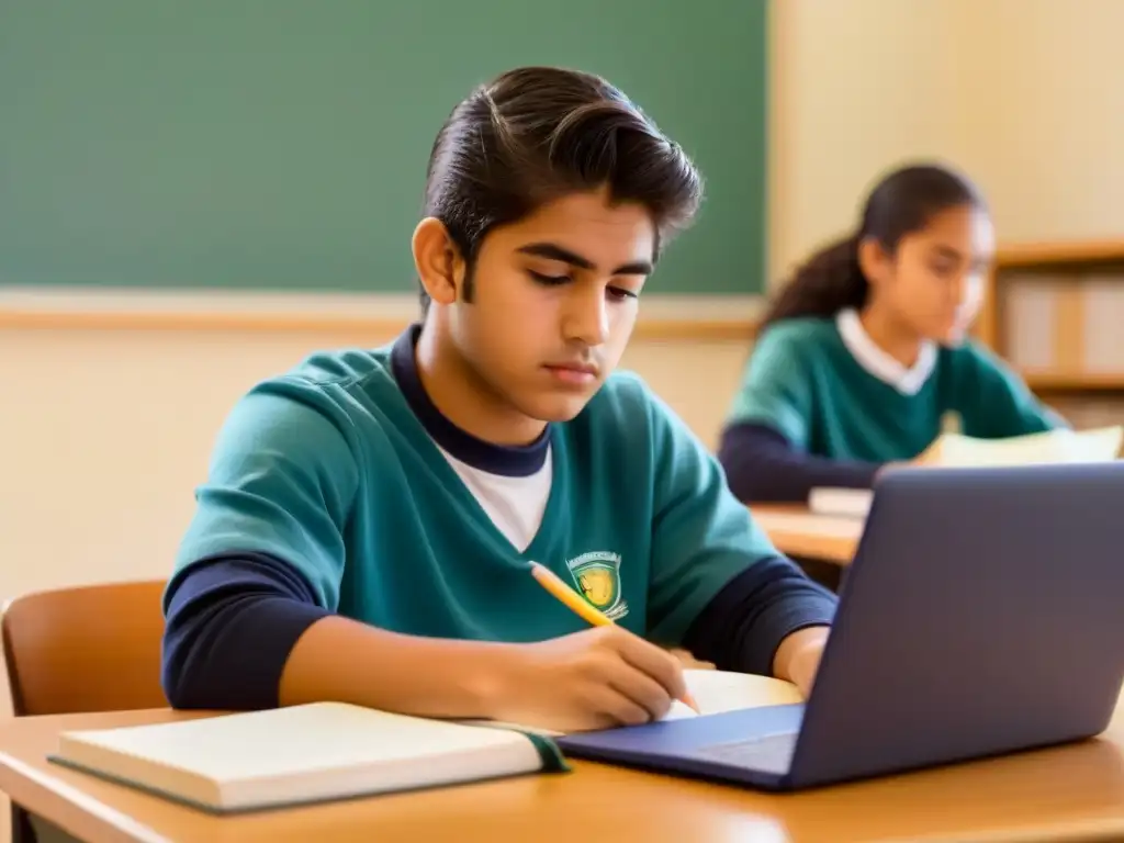 Un estudiante uruguayo concentrado estudiando educación financiera en un aula neutral