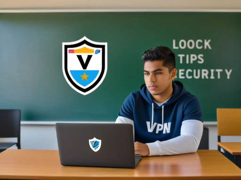 Estudiante uruguayo concentrado en laptop con seguridad en Internet para Estudiantes en aula