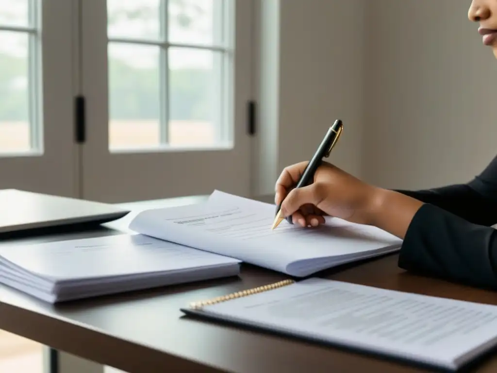 Un estudiante uruguayo preparando meticulosamente documentos para el proceso paso a paso de la beca en un elegante escritorio moderno