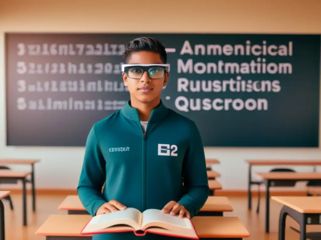 Estudiante uruguayo con gafas de realidad aumentada en aula futurista, rodeado de ecuaciones y libros flotantes