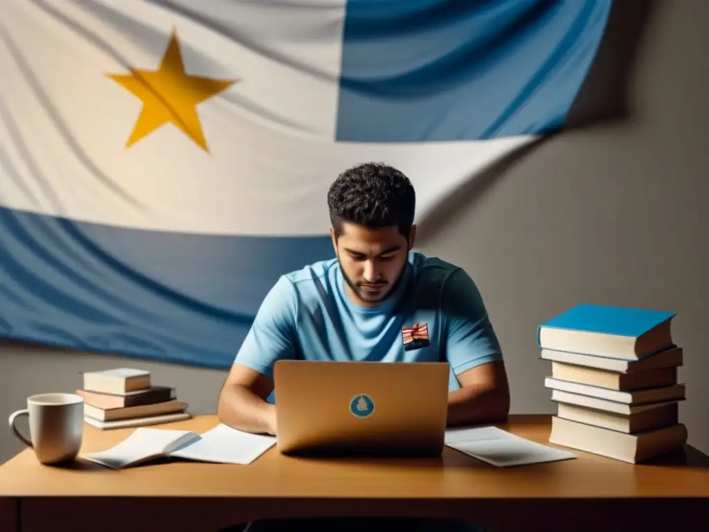 Estudiante uruguayo con laptop y bandera de Uruguay, simbolizando estrategias de estudio en Uruguay