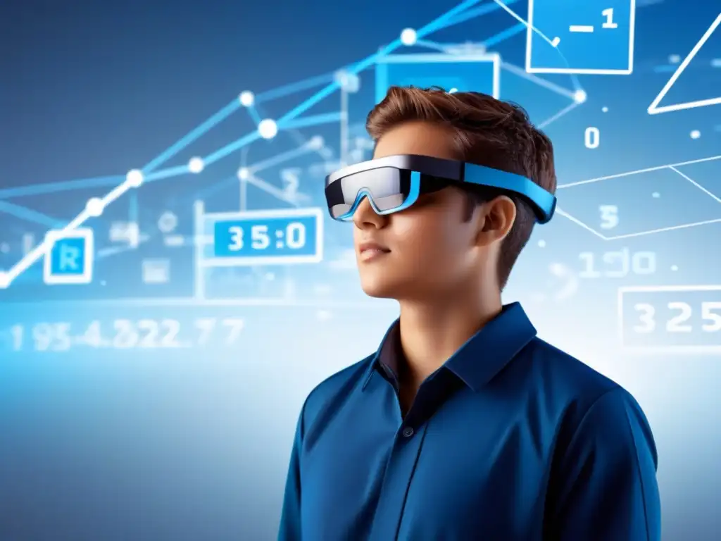 Estudiante uruguayo usando lentes de realidad aumentada rodeado de contenido educativo virtual, en tonos azules y blancos