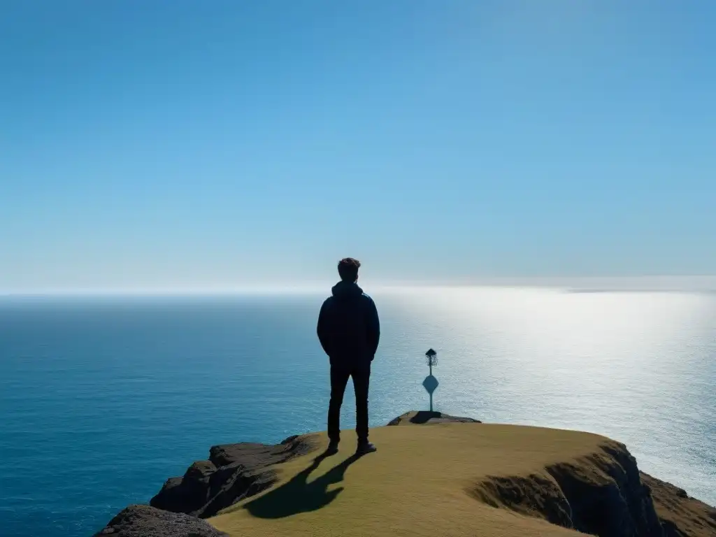 Un estudiante uruguayo se prepara para el mundo real, parado con confianza en un acantilado frente a un vasto océano tranquilo